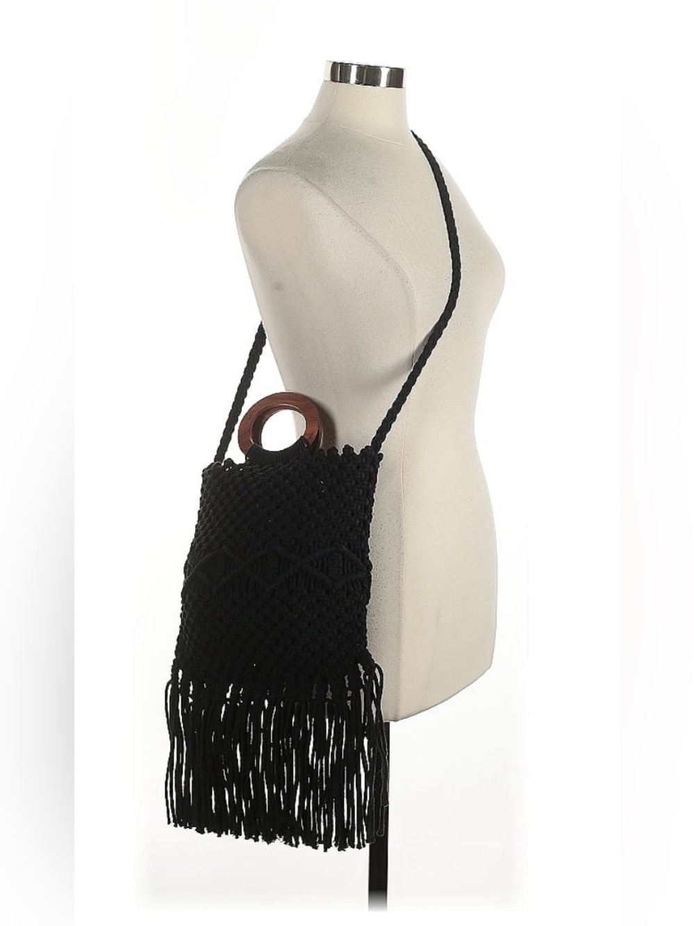 Danielle Nicole Black Macramé Fringe Crossbody with Wooden Handles